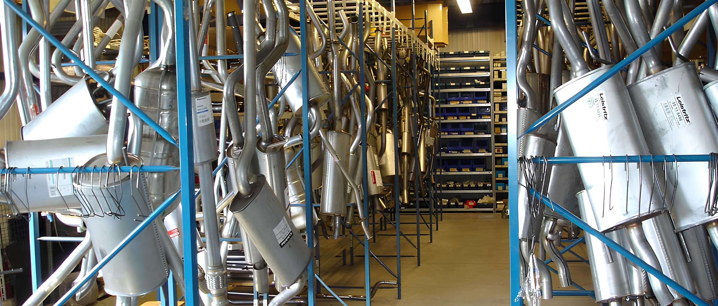 Lagerraum mit mehreren Reihen von blauen Metallregalen, an denen zahlreiche glänzende Auspuffanlagen und Abgasrohre aus Edelstahl hängen. Die Bauteile sind in verschiedenen Formen und Größen angeordnet.