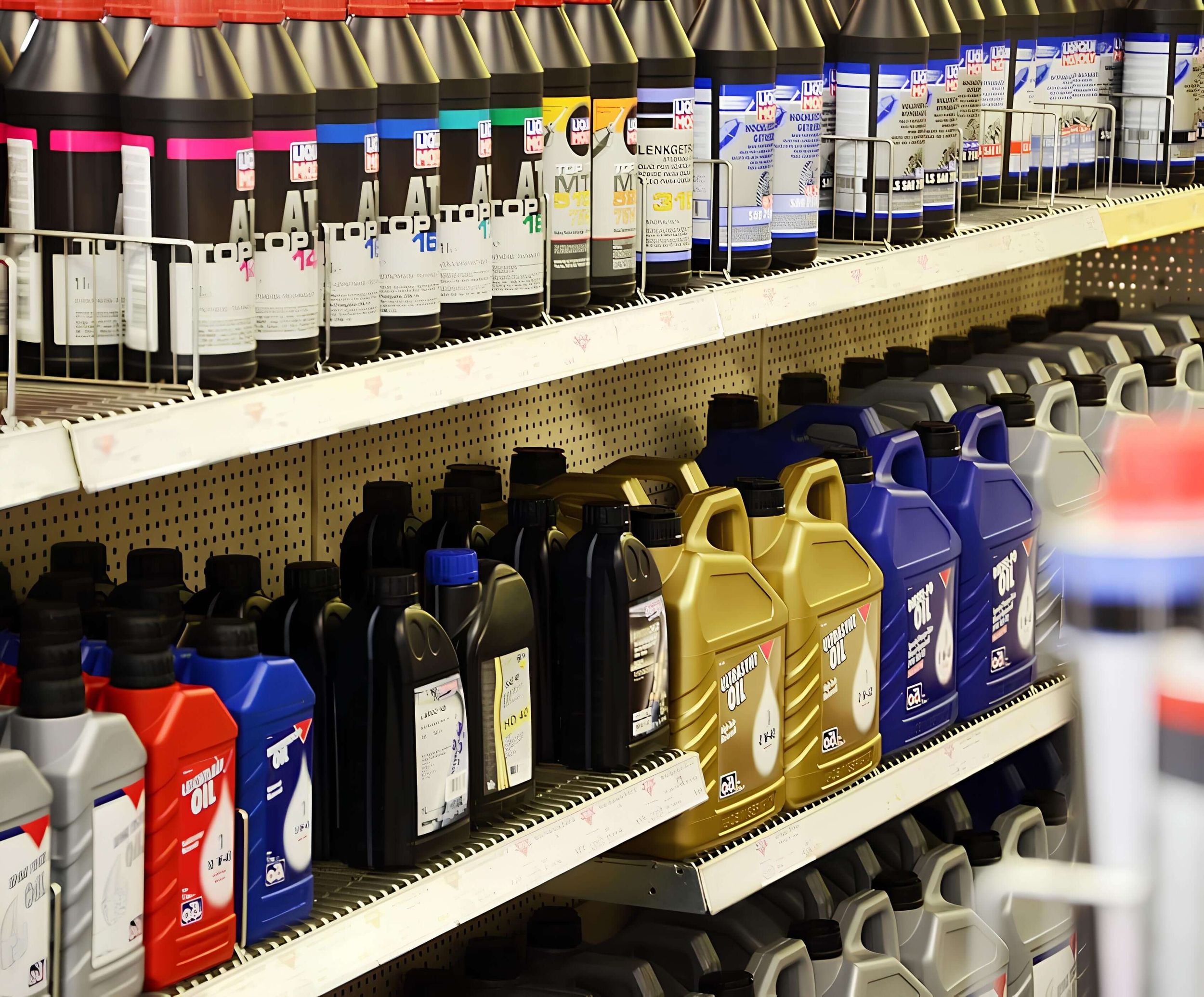 Regale im Geschäft mit verschiedenen Motorölen in Plastikflaschen und Kanistern. Auf dem oberen Regal stehen hohe, schwarze Flaschen mit farbigen Etiketten und roten, blauen oder schwarzen Verschlüssen.